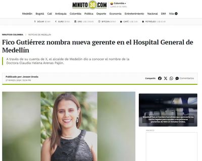 Así nos ven los medios: Fico Gutiérrez nombra nueva gerente en el Hospital General de Medellín