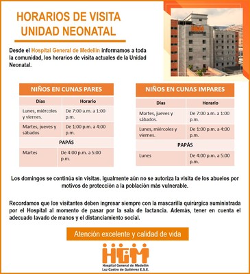 Información sobre horarios de visitas en la Unidad Neonatal del Hospital General de Medellín