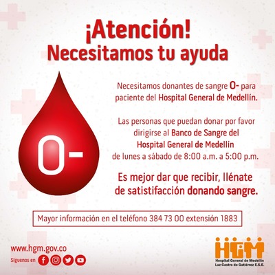 El Hospital General necesita tu ayuda - buscamos Sangre ( O- ) para donaciones.